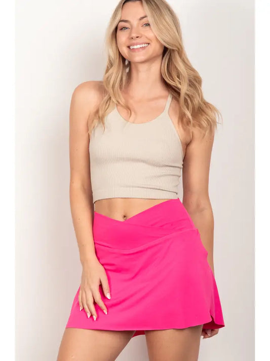 Cross Over Waist Tennis Skirt - Hot Pink