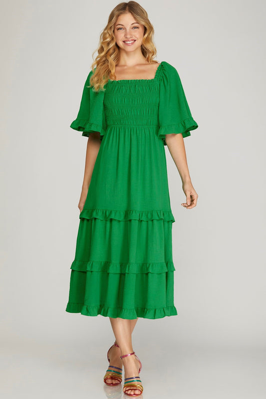 Green Square Neck Tiered maxi Dress
