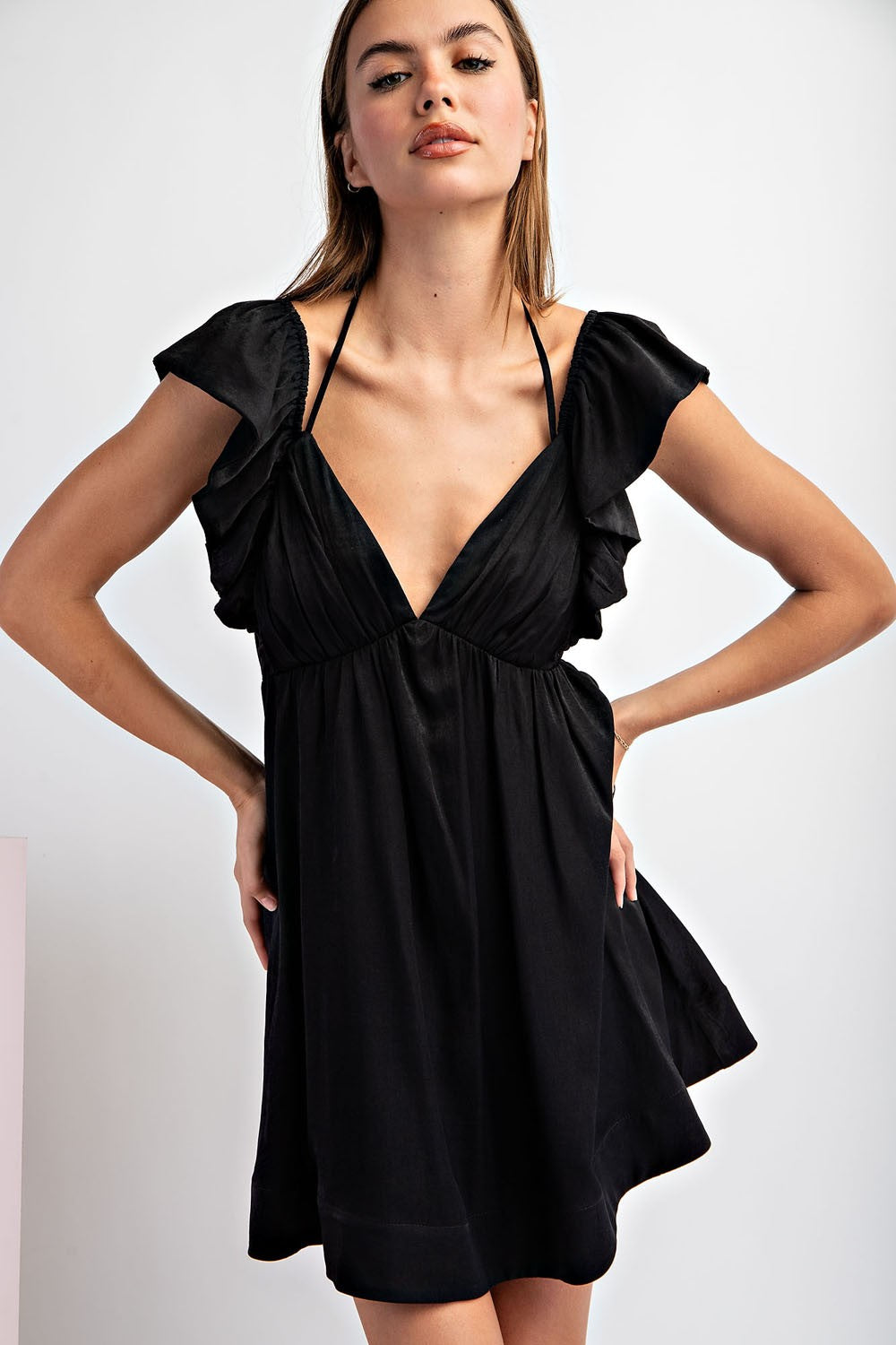 Black Ruffle Sleeve Mini Dress