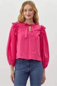 Hot Pink Puff Sleeve Top With Tie