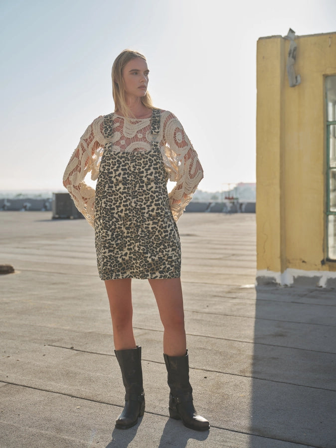 Leopard Denim Overall Mini Dress