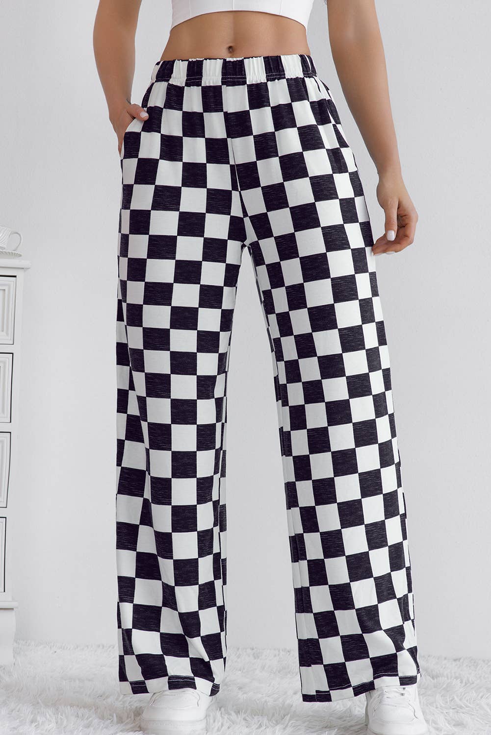 Checkered Print High Waist Wide Leg Pants