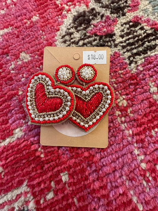 Red Beaded Heart Dangle Earring