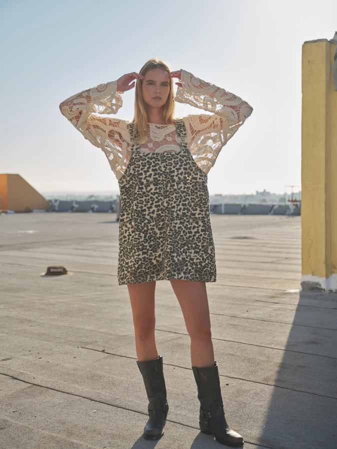 Leopard Denim Overall Mini Dress