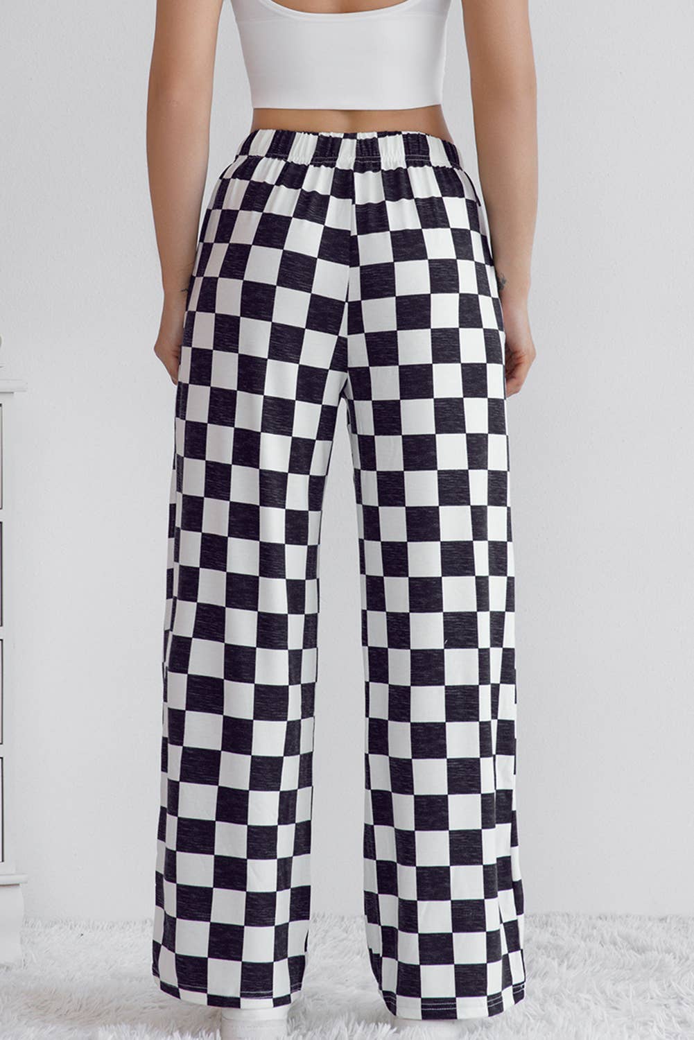 Checkered Print High Waist Wide Leg Pants