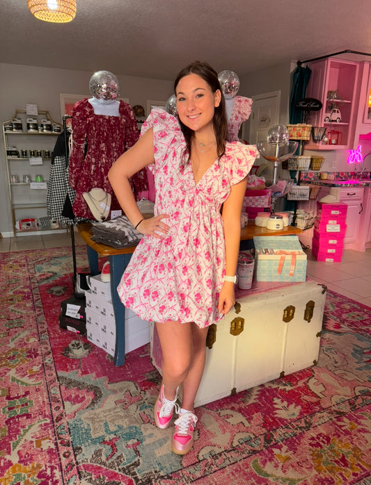 Off White/Pink Floral & Bow Bubble Dress