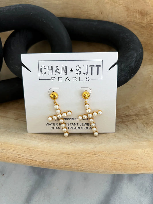 18k Gold Plated Pearl Cross Earrings