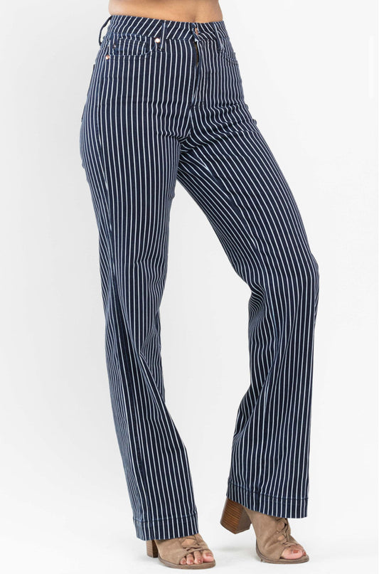 JUDY BLUE- Denim & White Pinstripe Straight Leg Jeans - Tummy Control