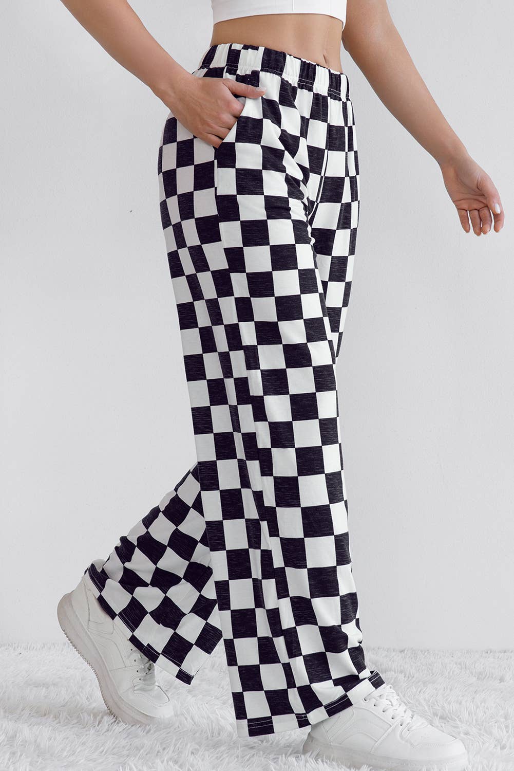 Checkered Print High Waist Wide Leg Pants