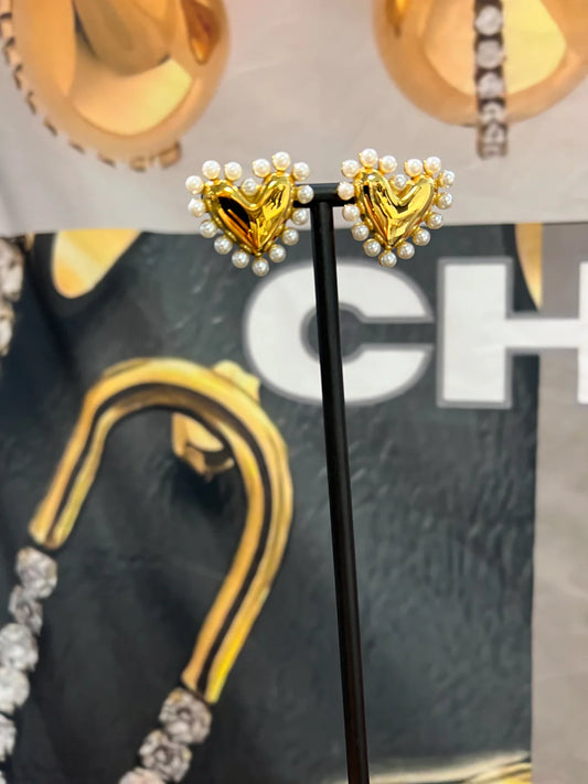 Pearl 18k Gold Plated Heart Studs
