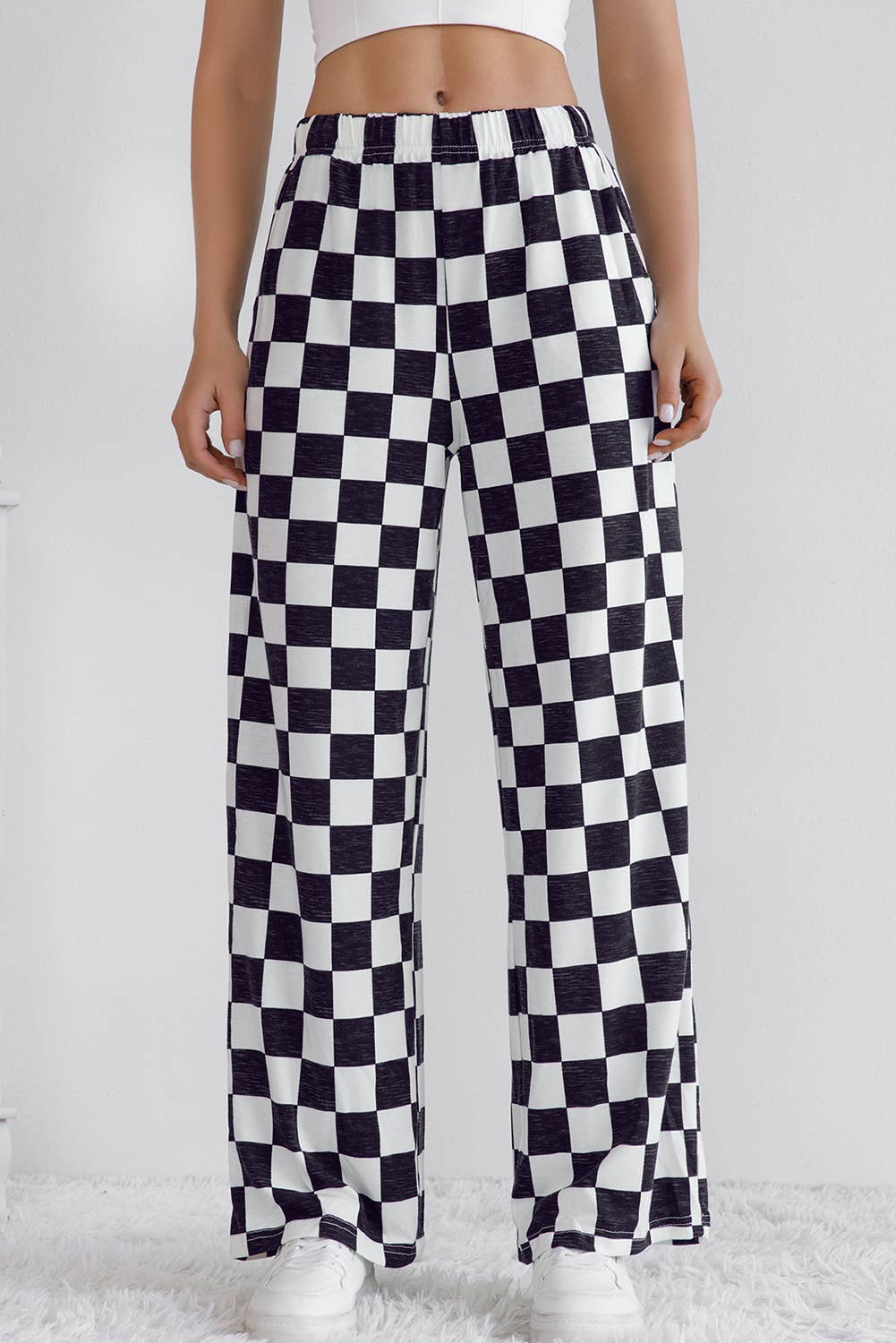 Checkered Print High Waist Wide Leg Pants