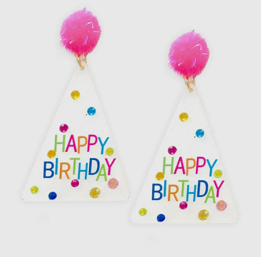 Happy Birthday Earrings w/Pink Pom