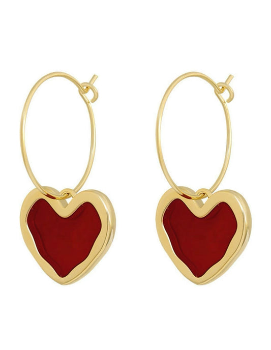 Red Enameled Heart with Gold Hoop Earring