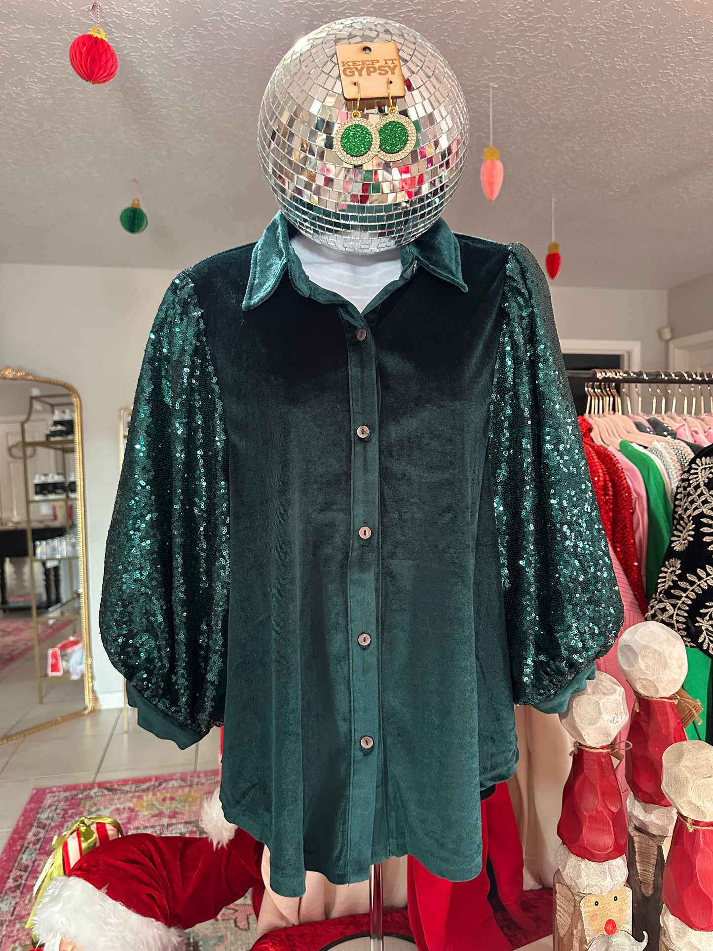 Hunter Green Velvet & Sequin Top