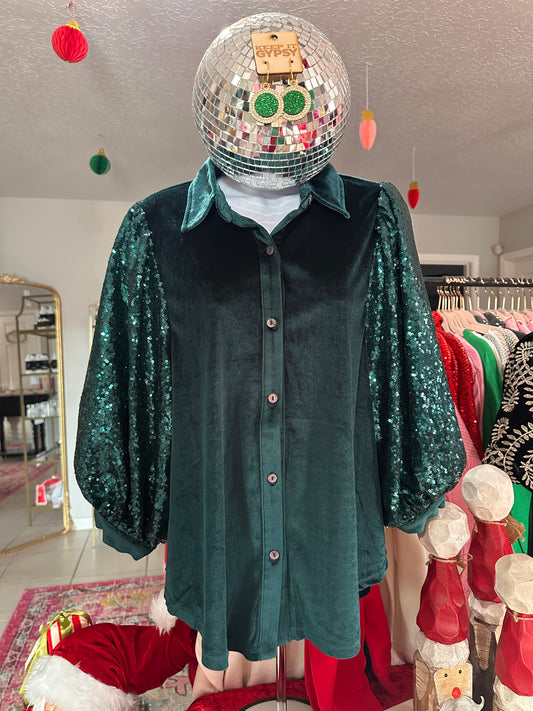 Hunter Green Velvet & Sequin Top