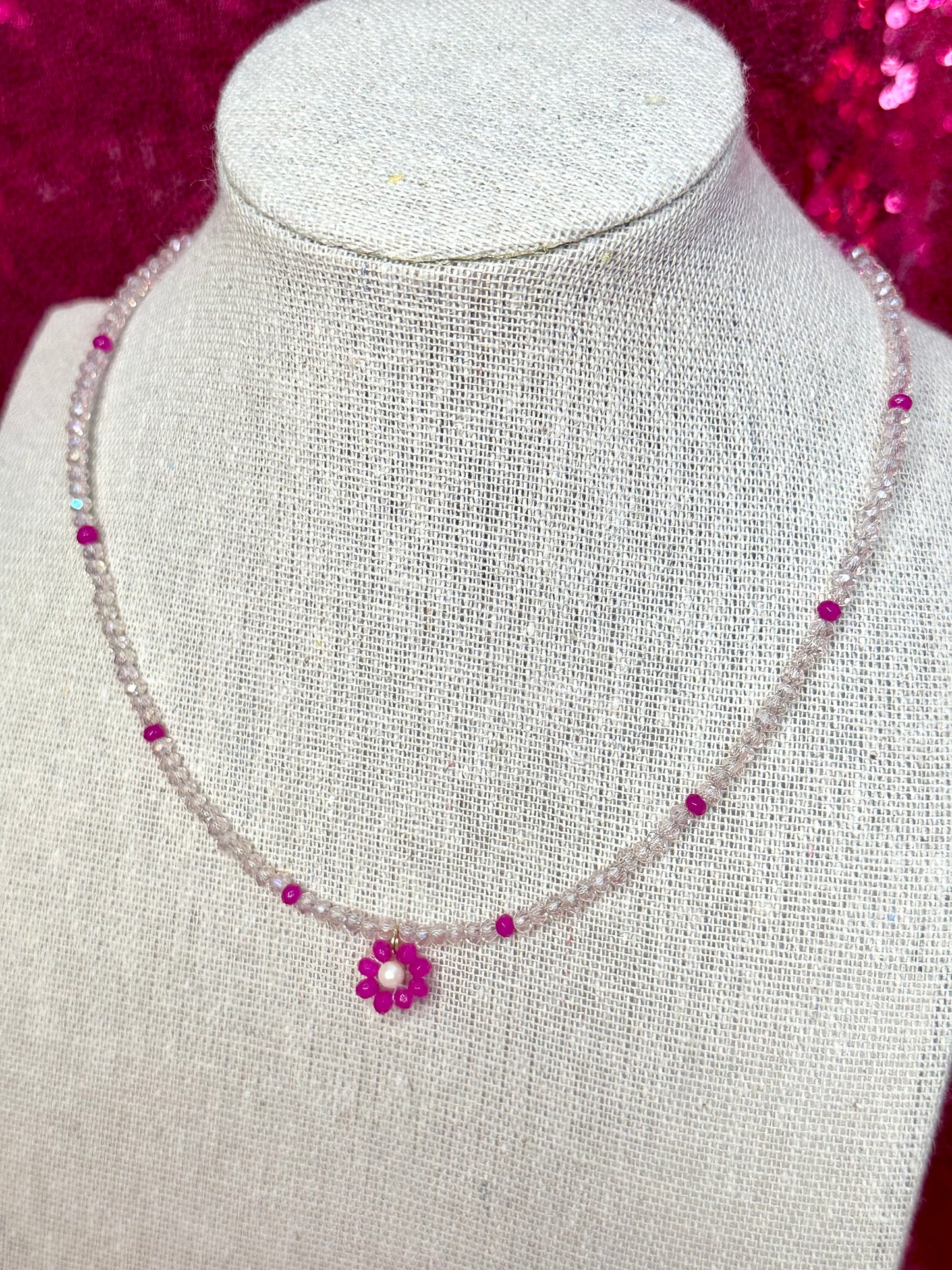 Pink Sparkle Flower Necklace