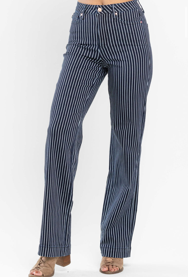 JUDY BLUE- Denim & White Pinstripe Straight Leg Jeans - Tummy Control