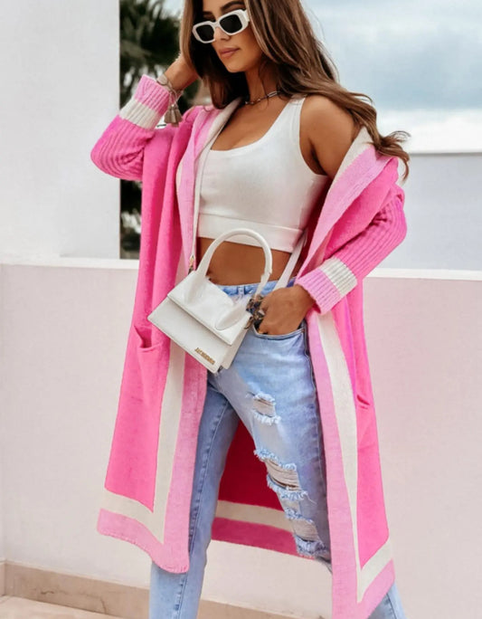 Pink Colorblock Long Cardigan