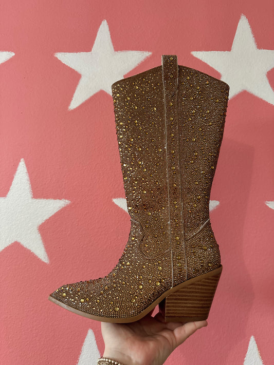 GLITZY - Gold Rhinestone Cowboy Boots (Wide Calf)