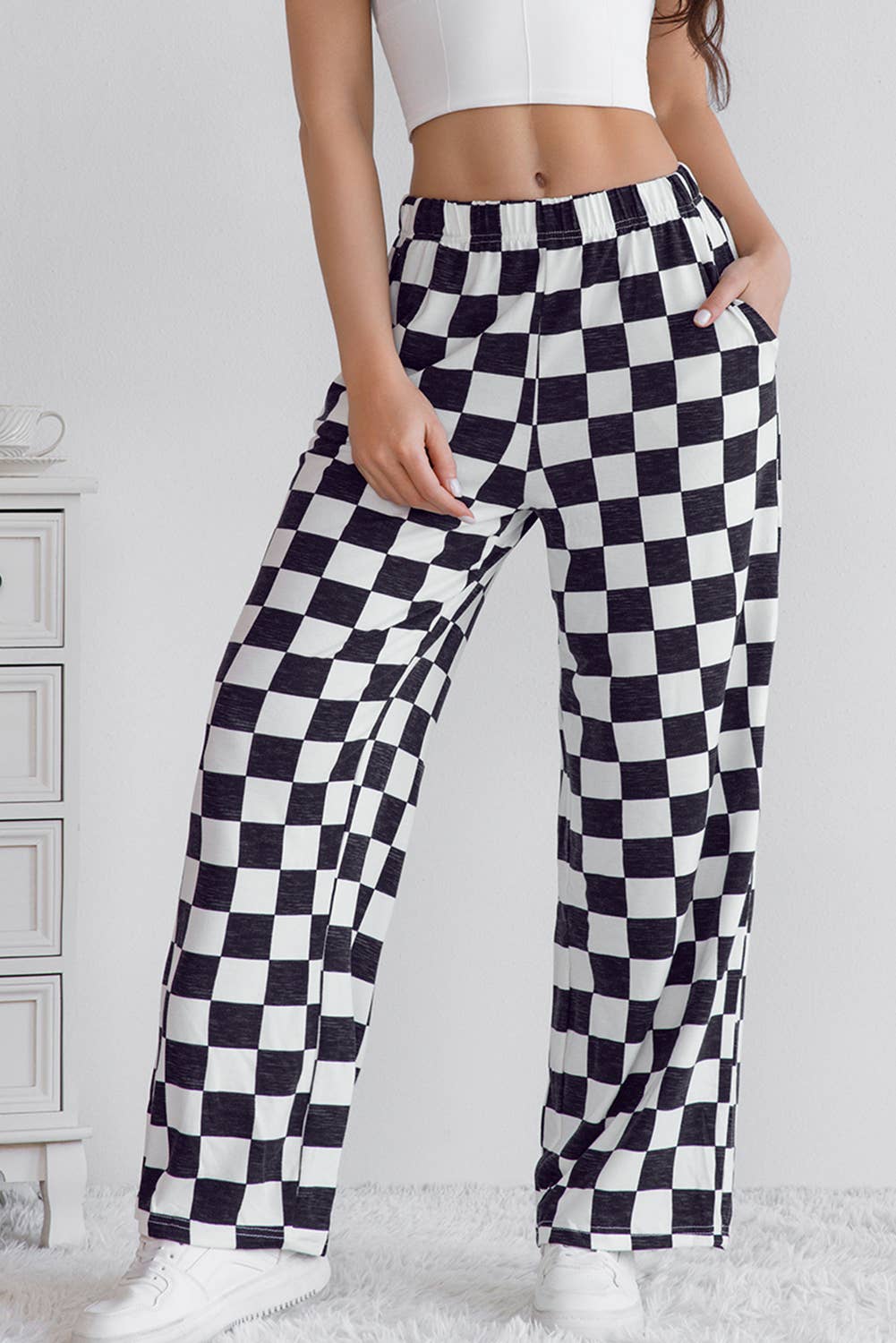 Checkered Print High Waist Wide Leg Pants