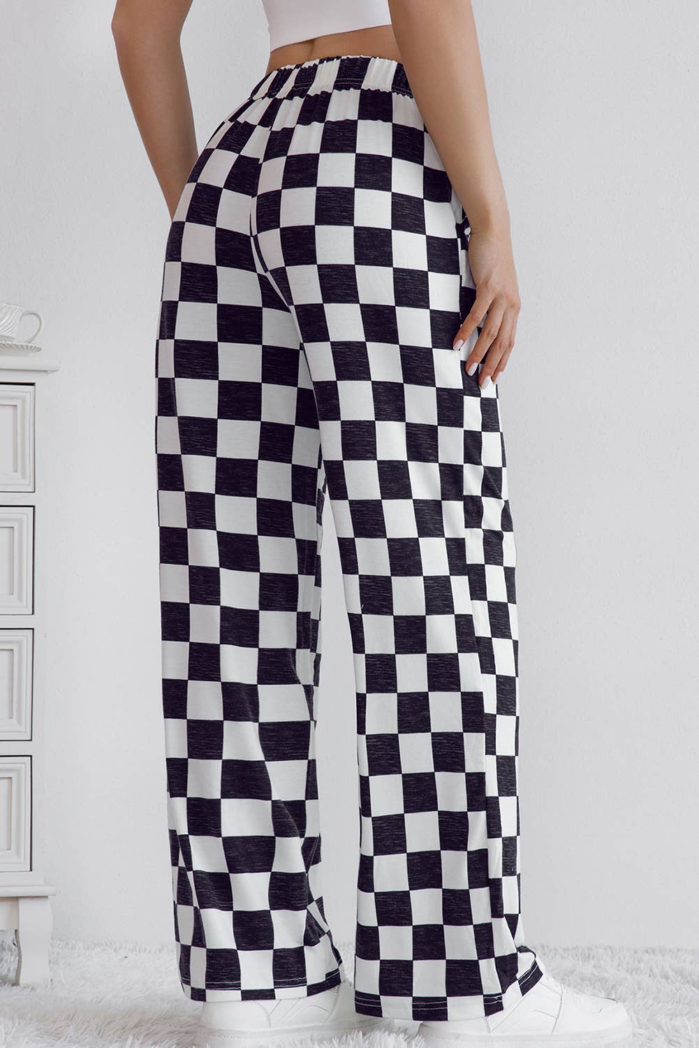 Checkered Print High Waist Wide Leg Pants