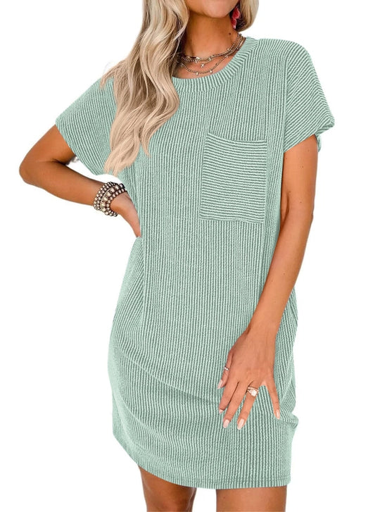 Ribbed Casual T-Shirt Dress with Pockets