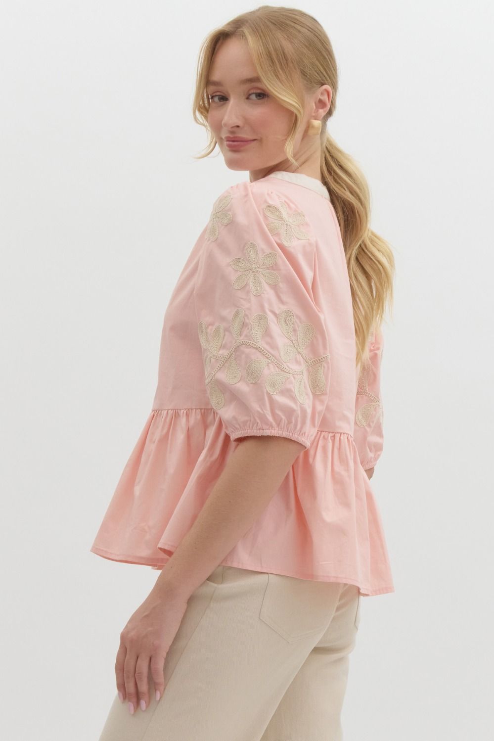 Pink Embroidered Babydoll Top