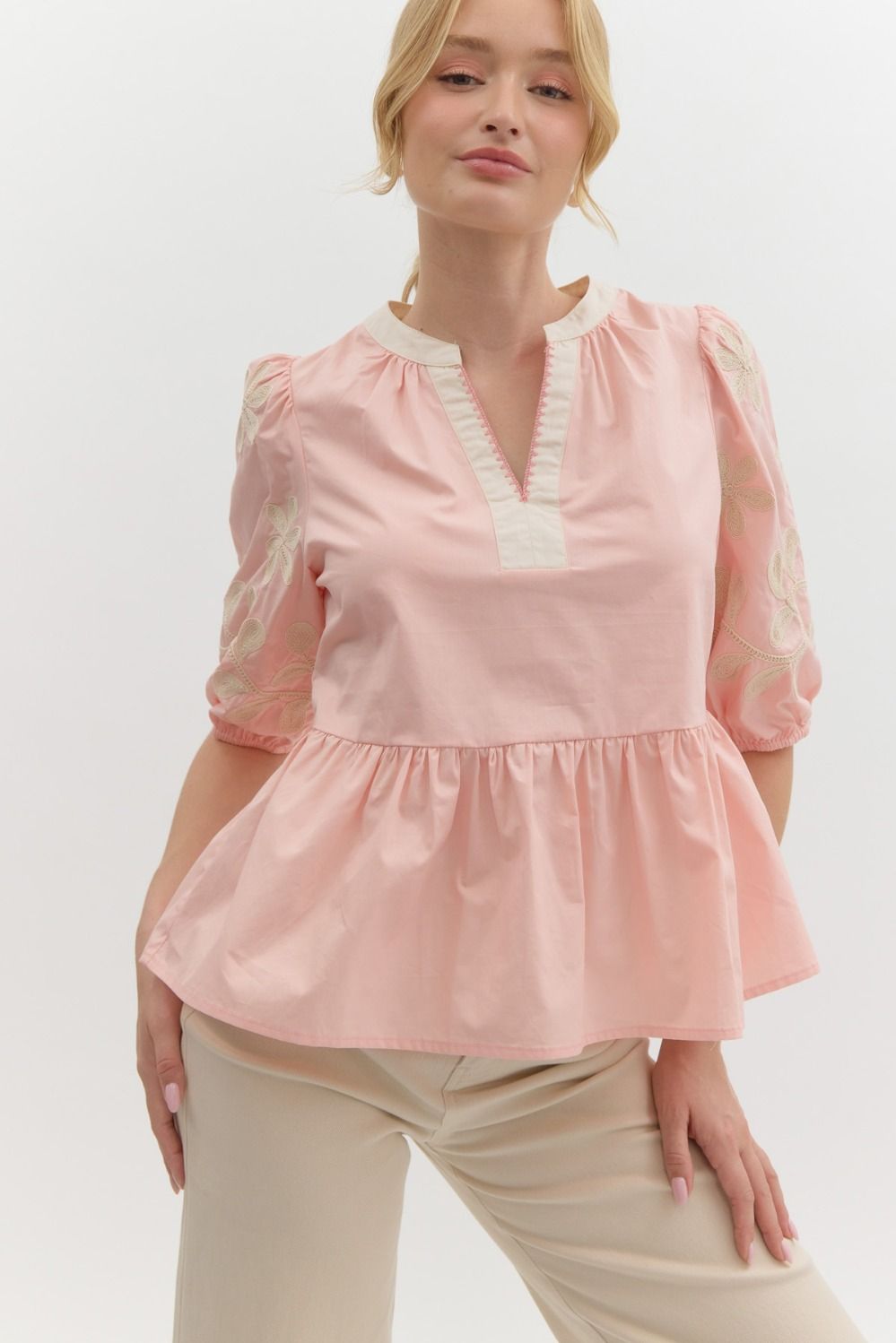 Pink Embroidered Babydoll Top