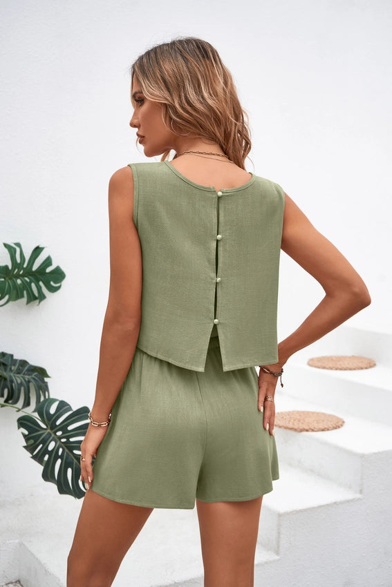 Linen Olive Green Shorts Matching Set