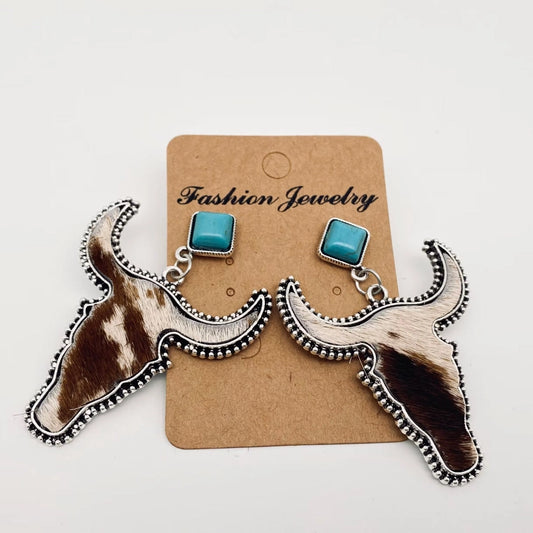 Western Cowhide Earrings with Turquoise Stud